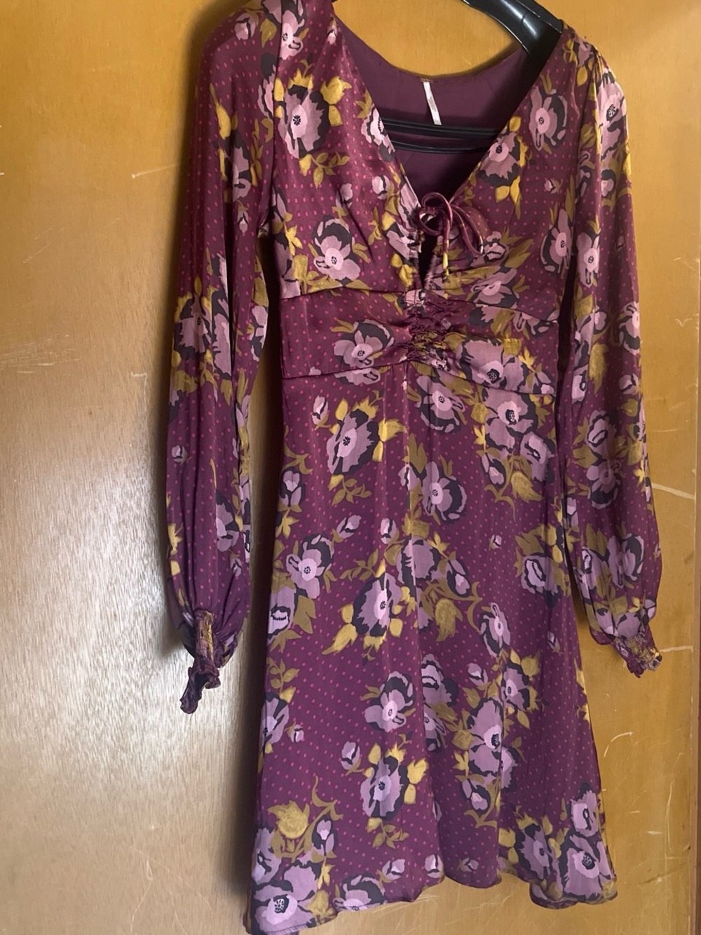 Free People Burgundy Floral Long Sleeve Dress with Pink and Mustard Flowers